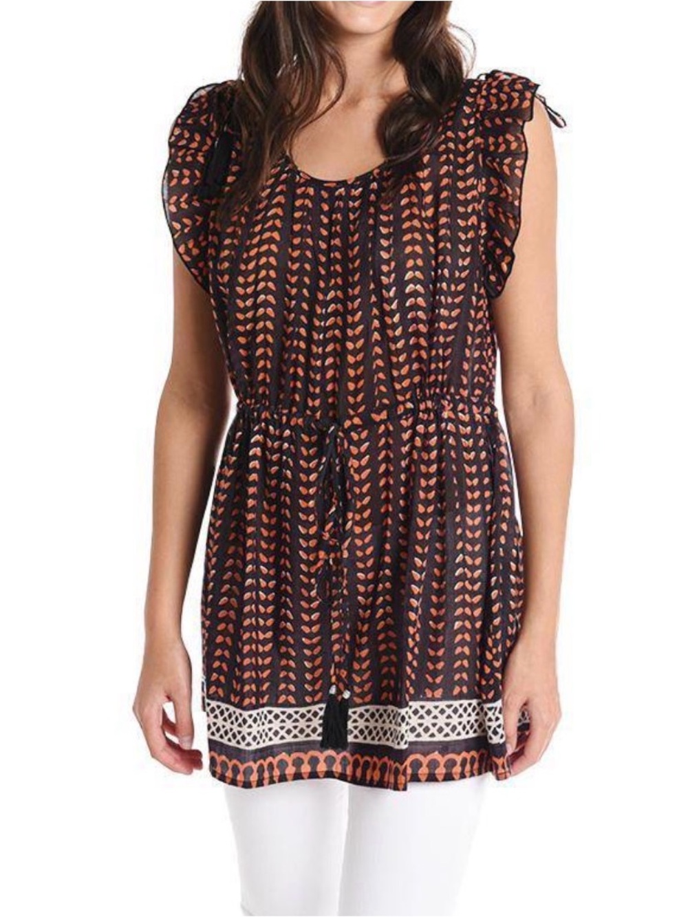 Women's Black and Rust Printed Drawstring Tunic Dress